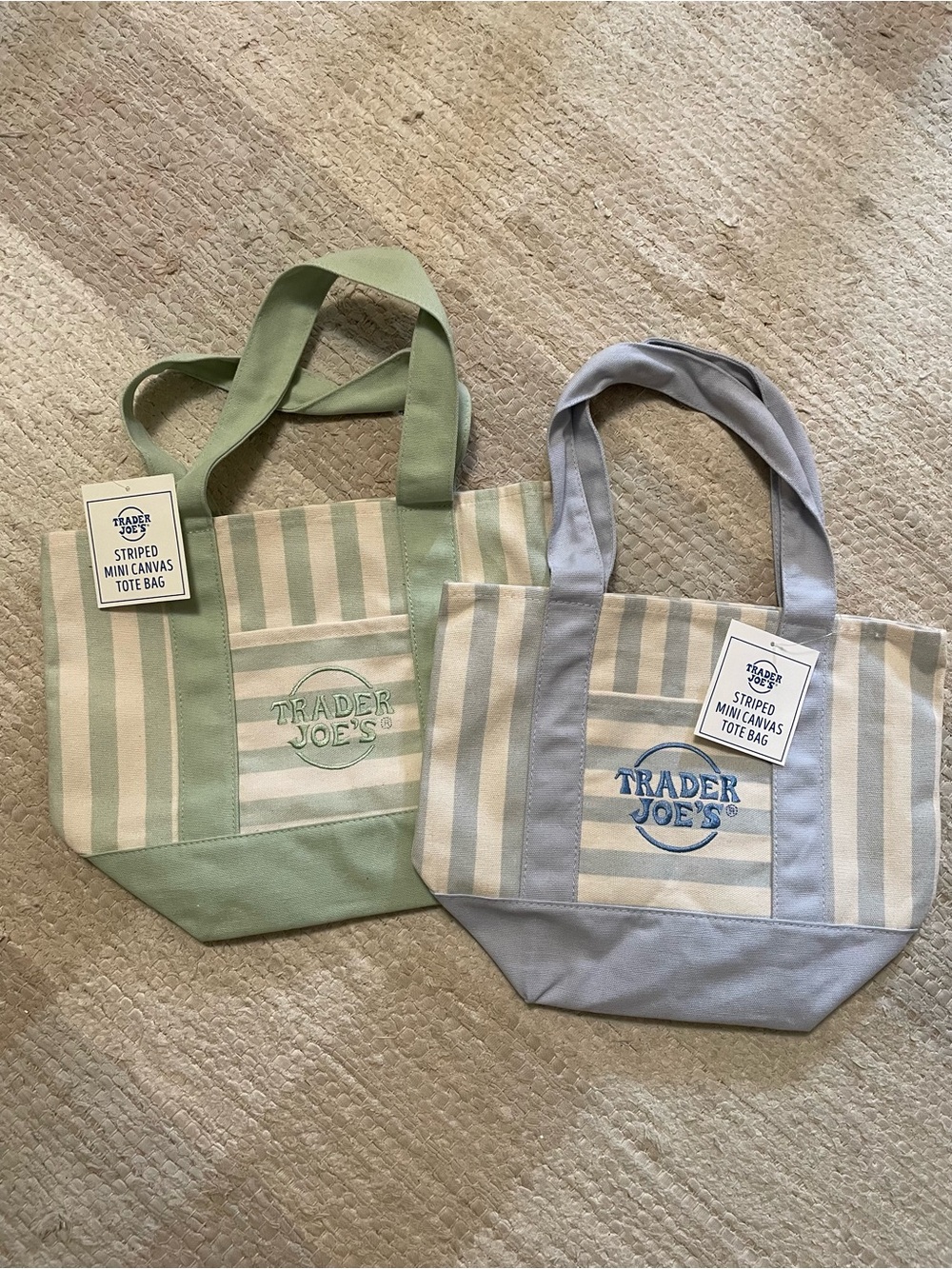 Trader Joe’s Mini Striped Canvas Tote Bag Blue and Green Lot